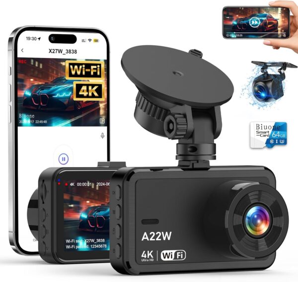 Dash Cam Front and Rear, 4K Dash Cam with 64GB Card, 5G WiFi Dual Car Camera for Cars, 3" IPS Dashcam with APP Control, USB Charger, 24H Parking Mode, G-Sensor, Night Vision, WDR, 170° Wide Angle - Image 2