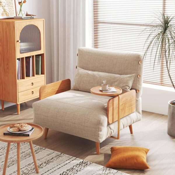 Leomix Modern Convertible Sofa Bed, 3 in 1 Sleeper Chair Bed Futon, Ideal for Small Space Apartment, Living Room, Guest Room, Office, Beige Linen & Wood - Image 2