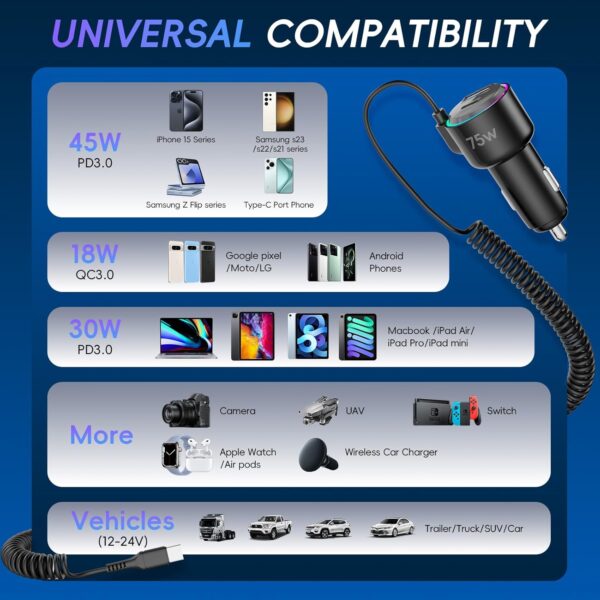 USB C Car Charger,75W Fast Car Charger with USB C Coiled Cable+USB A+C Port,Car Phone Charger USB C Adapter Support PD+QC3.0+PPS Fast Charge,Car Cigarette Lighter USB Charger for iPhone 16/15/Samsung - Image 7