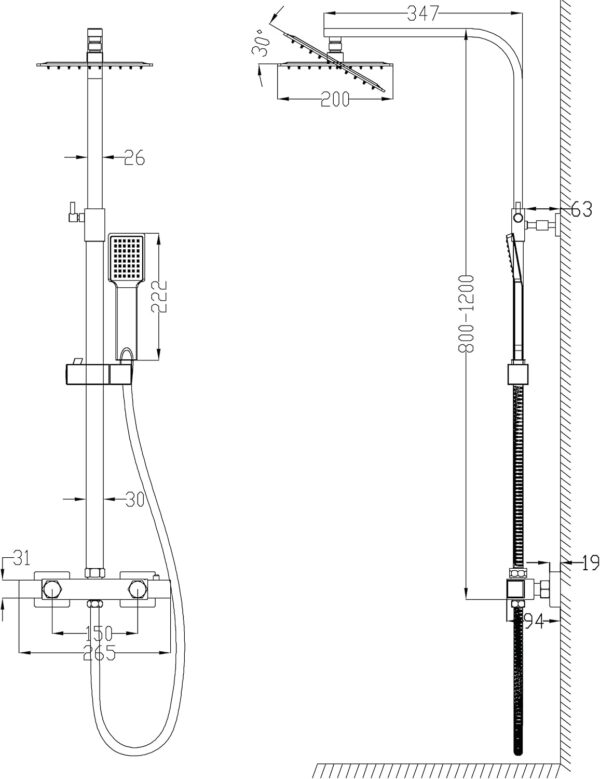 Huibathroom Thermostat Shower System, Square Thermostatic 38 °C Shower Mixer Set with Rainfall Shower Head, Handheld Shower, Riser Rail, Adjustable Height Anti Scald Chrome Shower Set - Image 4