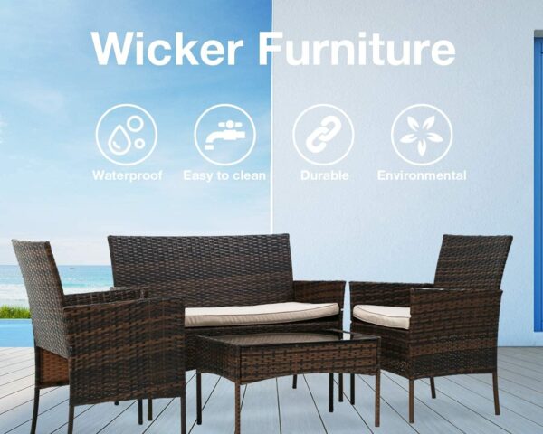 Outdoor Patio Furniture Sets 4 Pieces Patio Set Rattan Chair Wicker Sofa Conversation Set Patio Chair for Backyard Lawn Porch Poolside Balcony Garden Furniture Sets with Coffee Table (Brown) - Image 6