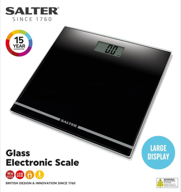 Salter 9205 BK3R Digital Bathroom Scale – Large Display Electronic Weighing Scales For Body Weight, Toughened Glass Platform, Lightweight, Instant Readings, Carpet Feet & Batteries Included, Black - Image 4