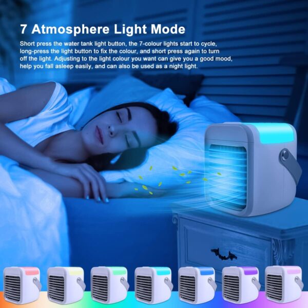 Portable Air Conditioner, Air Cooler with 300ml Water Tank, 3-in-1 Free Standing Cooling AC Unit with Fan & Dehumidifier, 3 Speed 7 Color Lights Oscillating Cooling Fan for Desk, Home, Bedroom, Office - Image 7