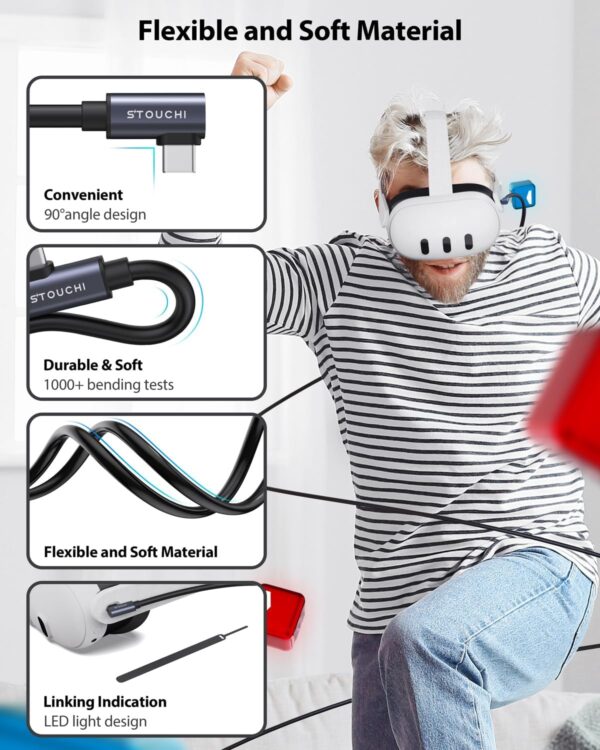 Stouchi Link Cable 5M Compatible With Meta/Oculus Quest3/Quest2/Pro, PICO 4 Steam VR - High Speed PC Transfer Fast Charging USB 3.0 to USB C for Virtual Reality Headsets and Gaming PC - Black - Image 7