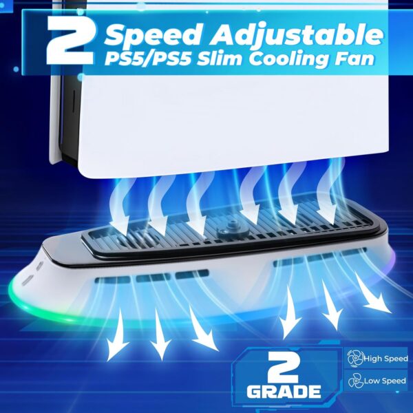 LYtech PS5 Pro/Slim Stand with Cooling Fan and RGB LED Light for Playstation 5 Disc/Digital Console, PS5 Slim Cooling Station Playstation 5 Pro Fan Cooler System Vertical Stand with 2 USB Ports - Image 3