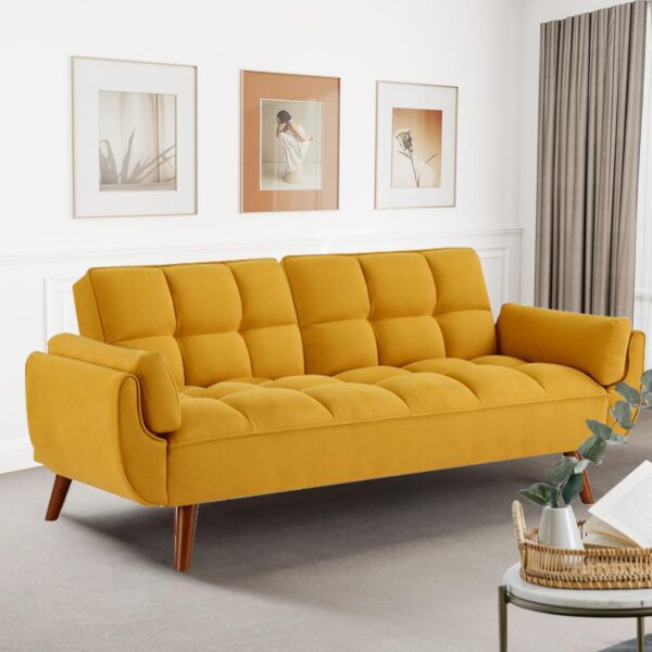 Fangflower Bed Yellow Velvet Sofa, Adjustable Backrest Convertible Sleeper Futon Loveseat with Tapered Wood Legs for Living Room, Bedroom, Apartment Lounge, Garage - Image 5