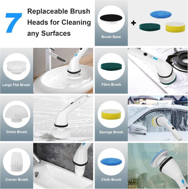Electric Spin Scrubber, Wesstun IPX6 Waterproof Electric Cleaning Brush, Cordless Electric Scrubber with 2 Speeds Modes & Extendable Handle, 7 in 1 Brush Heads for Bathroom, Kitchen & Floors (White) - Image 7