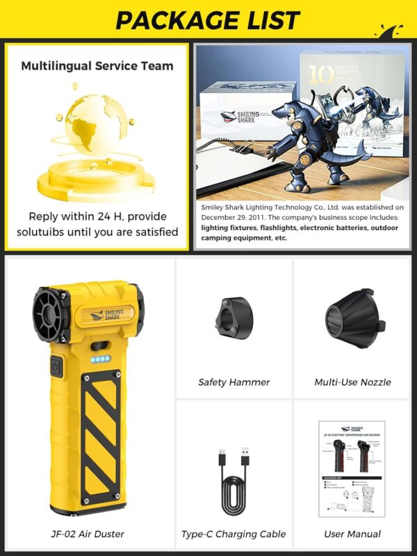 Smiling Shark Compressed Air Duster, 110000RPM Stepless Speed Electric Cordless Air Blower, Emergency Cutter & Hammer - Perfect for Yard/Lawn/Leaf/Dust/PC/Car/Camping, JF-02(Yellow) - Image 9