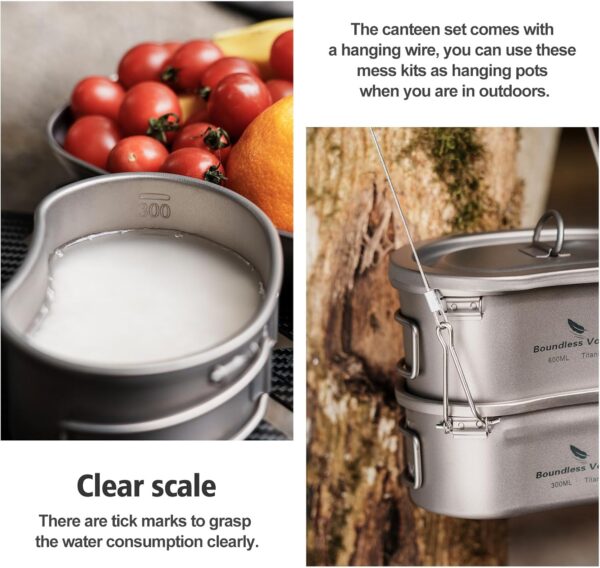 iBasingo Titanium Canteen Cups Kidney-shaped Camping Pot Bowl Set with Lid & Hanging Chain Ultralight Kitchen Cookware Cooking Mess Kit 300ml+600ml for 1 man Outdoor Hiking Activitives Ti2046C - Image 7