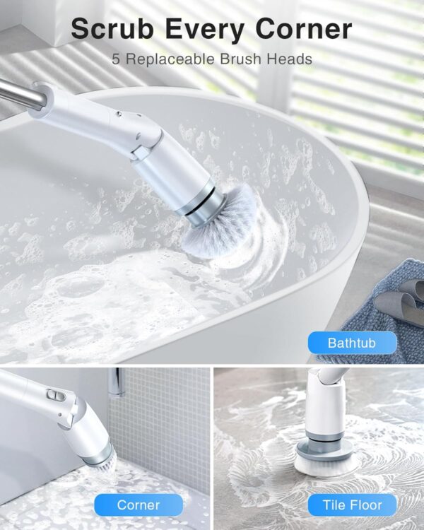 LABIGO Electric Spin Scrubber LA3 Pro, Cordless Bathroom with 5 Replacement Head, 3 Adjustable Angle, Household Power Cleaning Brush Extension Arm, White, (KS-2639) - Image 3
