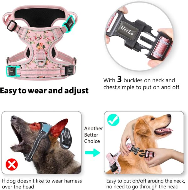 HEELE Dog Harness, Anti-Pull Reflective Dog Harness with Padded Handle for Medium Large Dogs, 1 Buckle on the Right Neck Strap Makes it Easy to Put on and Take Off, Floral-Pink, M - Image 7