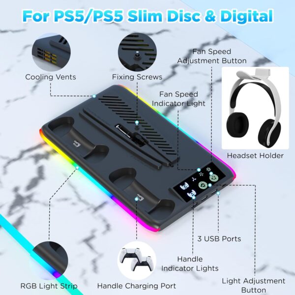 Aceshop PS5 Stand With Cooling Fan, Vertical Stand for PS5 Slim (Disc & Digital Edition) Cooling Station With Dual Controller Chargers, RGB Light, 3 USB HUBs, Headset Holder (Black) - Image 9