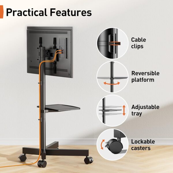 PERLEGEAR Mobile TV Stand on Wheels for 23-60 inch LED, LCD, Flat&Curved TVs up to 40kg, -10° to +15° Tilt Portable TV Stands with Laptop Shelf, Hight Adjustable Rolling TV Stand Max VESA 400x400mm - Image 8