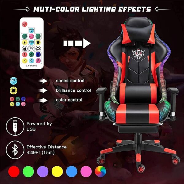 Bluetooth Gaming Chair - Ergonomic Video Chair with Speakers, LED Light, Footrest, Headrest, and Lumbar Pillow for Office and Gaming Comfort - Image 4