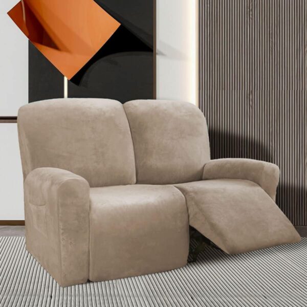 Modern Velvet Recliner Slipcover Set Elastic Massage Chair Cover for 2 Seater Recliner Sofa Soft Washable Solid Color Taupe - Image 3
