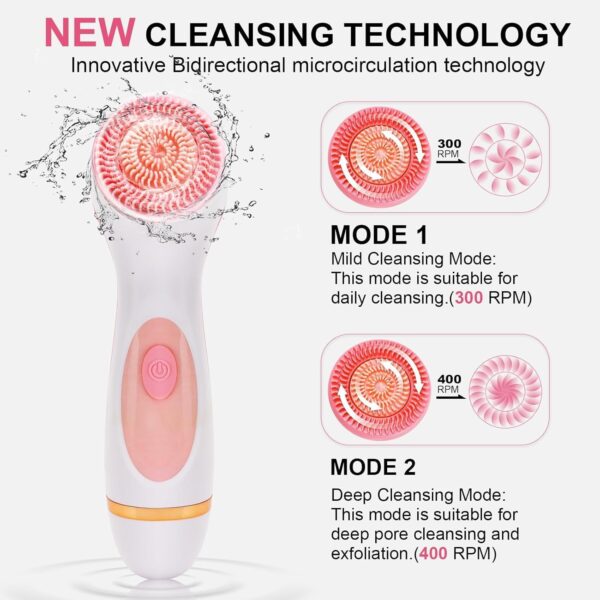 Facial Cleansing Brush, 3 in1 Facial Cleansing Spin Brush Set with 3 Bi-Directional Rotation Brush Heads for Men/Women, Waterproof Rechargeable Face Scrub Brush for Dry Oily Sensitive Skin (Pink) - Image 5