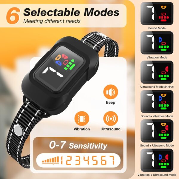 Jewyow Anti Bark Collars for Dogs, Ultrasonic Bark Collar for Small Medium Dogs, Rechargeable Dog Barking Collar with 6 Modes, 7 Sensitivity, Low Battery Warning - Image 3