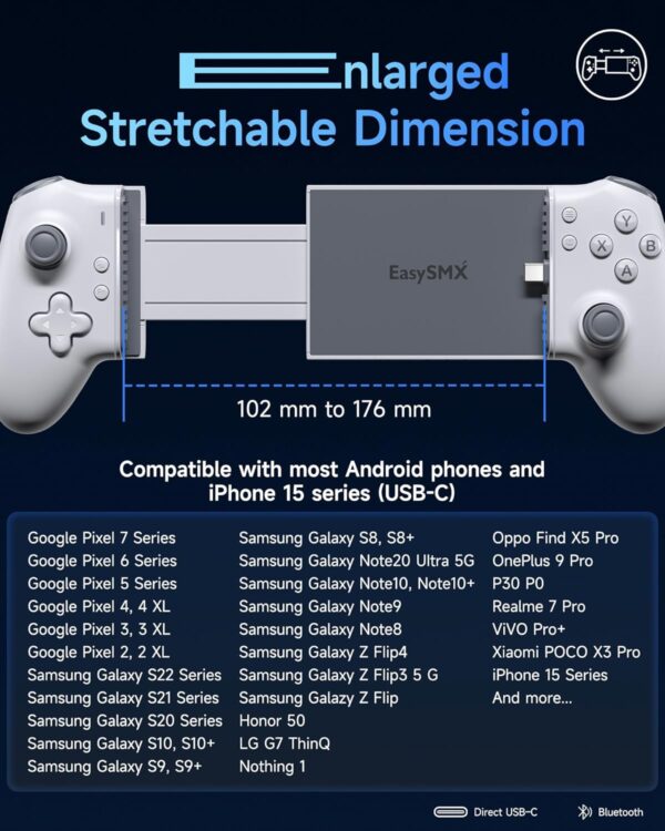 EasySMX M15 Type C Mobile Gaming Controller for Android iPhone 15 Series USB C, Cloud Gaming Xbox Playstation Game Pass Bluetooth Gaming Controller with Hall Joysticks Trigger Mechanical Plug and Play - Image 7