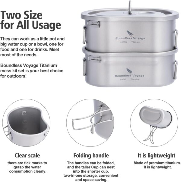 iBasingo Titanium Canteen Cups Kidney-shaped Camping Pot Bowl Set with Lid & Hanging Chain Ultralight Kitchen Cookware Cooking Mess Kit 300ml+600ml for 1 man Outdoor Hiking Activitives Ti2046C - Image 8
