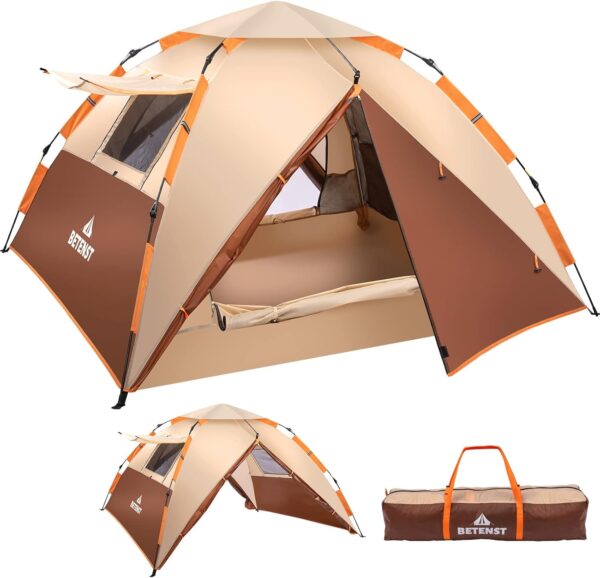 BETENST Camping Tent, Pop up Tent 3 Person Family Dome Tent Waterproof Windproof with 2 Mesh Doors, 2 Mesh Windows, Roof Skylights, 2 in 1 Double Layers, Storage Bag for Camping Hiking Backpacking - Image 2