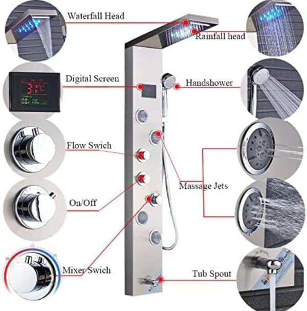 Stainless Steel Shower Panel Tower System,LED Rainfall Waterfall Shower Head 6-Function Faucet Rain Massage System with Body Jets - Image 4