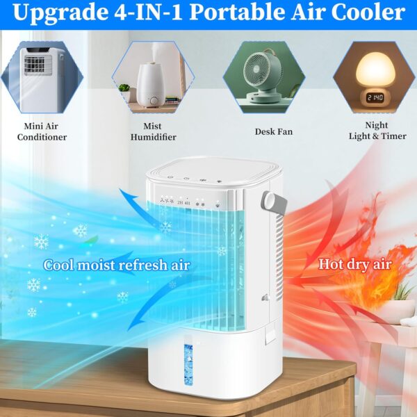 Portable Air Cooler 4-In-1 Mini Mobile Air Conditioner Fan,Air Cooling Fan and Humidifier with 3 Fan Speeds,Personal Evaporative Coolers,Timer&7 Colors LED light,Air Conditioning for Office Desk-White - Image 3