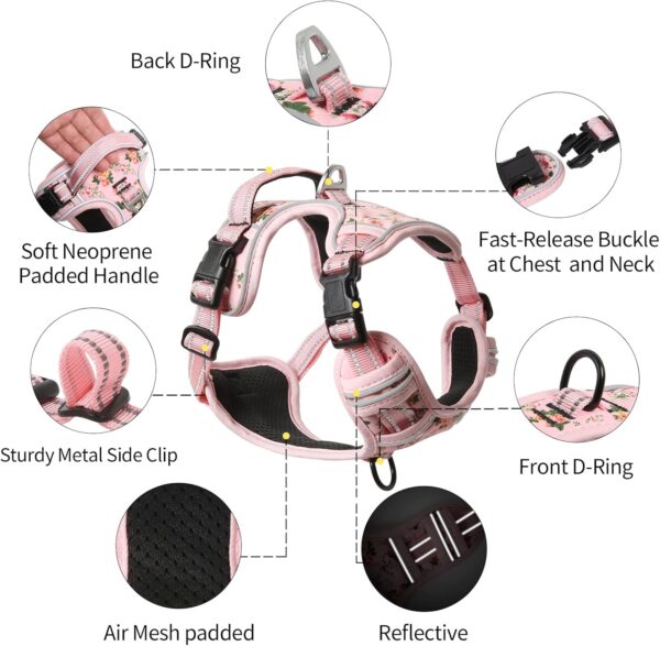 HEELE Dog Harness, Anti-Pull Reflective Dog Harness with Padded Handle for Medium Large Dogs, 1 Buckle on the Right Neck Strap Makes it Easy to Put on and Take Off, Floral-Pink, M - Image 4