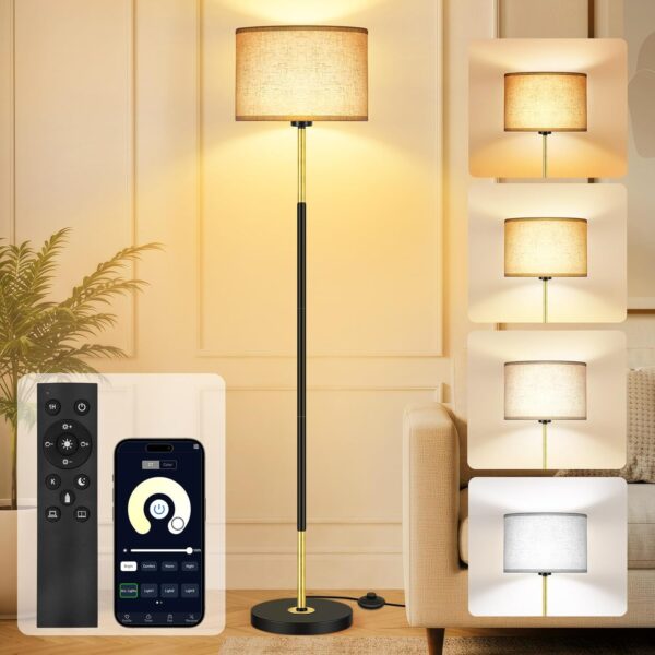 OUTON Modern Floor Lamp with Remote & APP Control, Dimmable & 3000K-6500K Adjustable Color Temperature, Memory function, Standing Lamp with Linen Shade for Living room, Bedroom, Office(Black and Gold) - Image 2