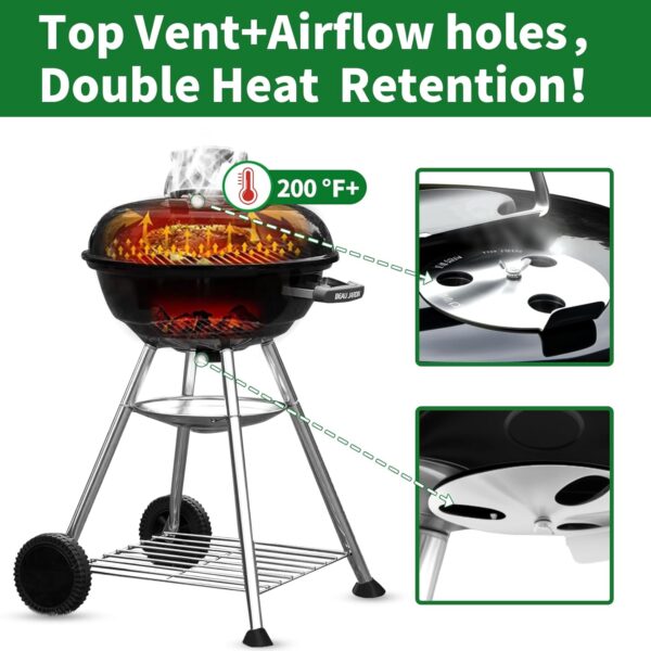 BEAU JARDIN Premium 18.1 Inch Charcoal Grill for Outdoor Cooking Barbecue Camping BBQ Coal Kettle Grill Tailgating Portable Heavy Duty Round with Thickened Grilling Bowl with Wheels BG231 - Image 5