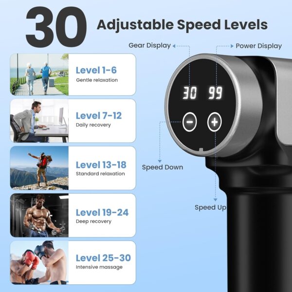 JQX Massage Gun, Deep Tissue Massage Gun for Pain Relief with 30 Speed Levels and 9 Attachments, Ultra Quiet Massager Gun, Lightweight and Portable - Black - Image 3