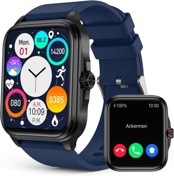 EGQINR Smart Watch, Fitness Watch with HRV/Mett/Heart Rate/Temperature/Blood Oxygen/Sleep Monitor, IP67 Waterproof Smartwatches Compatible with Android IOS Blue - Image 2
