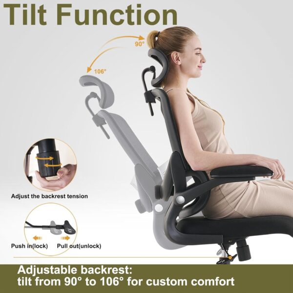 TONFARY Ergonomic Office Chair - High Back Mesh Design with Adjustable Lumbar Support, Flip-Up Armrests, Removable Headrest & 360° Swivel - Space-Saving for Home, Work, or Gaming - Black - Image 8