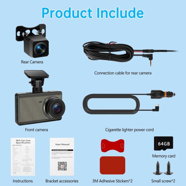 Dash Cam Front and Rear 4K 1440P, WiFi Dash Camera for Cars, Car Camera Dash with 3" IPS Screen,64GB SD Card, Parking Monitor, Night Vision, 160° Wide Angle, WDR, Loop Recording, App Control, G-Sensor - Image 8