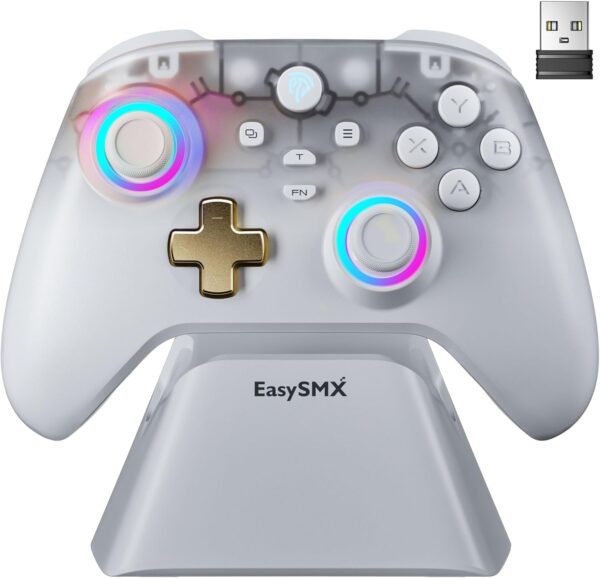 AKNES EasySMX D05 Wireless Gaming Controller with Charging Dock for PC/Switch/iOS/Android,Hall Effect Joystick & Triggers,2 Programmable Back Buttons,1000Hz Polling Rate,Adjustable RGB Lighting-White - Image 2