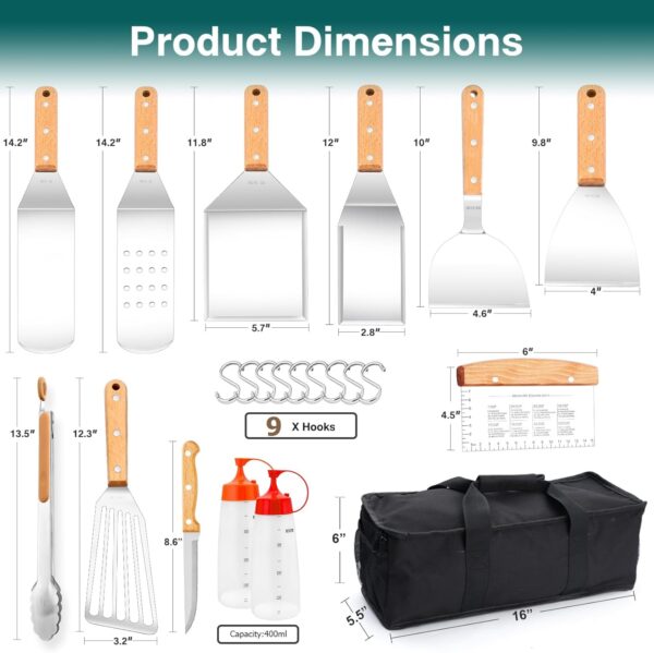 22Pcs Griddle Accessories Kit(18/10 Stainless Steel), Joyfair Outdoor Flattop Grill Accessory Set, Commercial Grade BBQ Tools for Camping Grilling Cooking, Rust-Free & Easy Cleaning (Wooden Handle) - Image 8