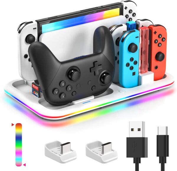 RGB Switch Controller Charger for Nintendo Switch&OLED Model with Led Light,for Joycon with Switch Pro Controller Charger, Switch Charging Station Dock Organizer with 8 Game Slots& USB Cables - Image 2