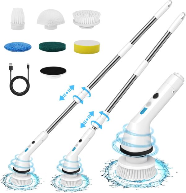 Electric Spin Scrubber, Wesstun IPX6 Waterproof Electric Cleaning Brush, Cordless Electric Scrubber with 2 Speeds Modes & Extendable Handle, 7 in 1 Brush Heads for Bathroom, Kitchen & Floors (White) - Image 2