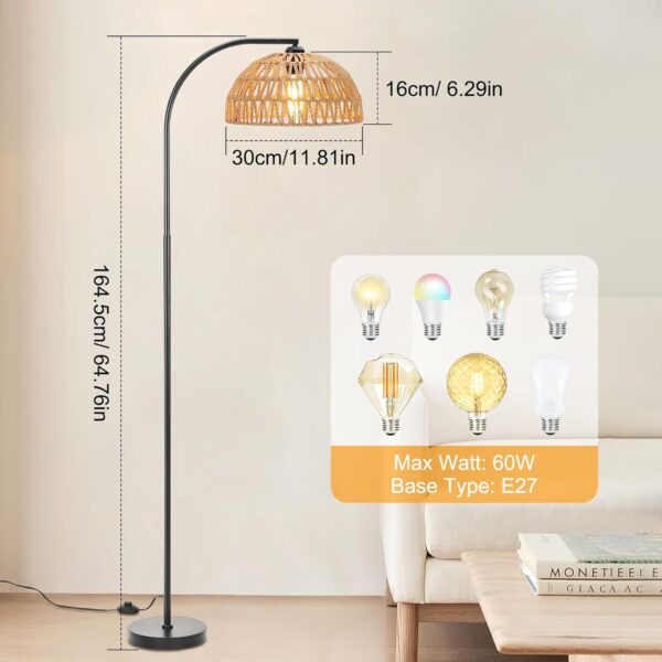 Winverty Arc Floor Lamp for Living Room Farmhouse 65" Tall Floor Lamp with ON/Off Foot Switch, Bedroom Black Standing Lamp, Adjustable Rattan Lamp Shade Boho Floor Lamps, Over Couch Reading Lamp - Image 3