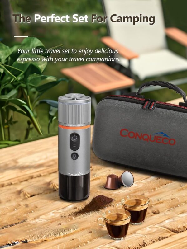 CONQUECO Portable Espresso Machine Travel: 12v Car Coffee Maker with Battery for Camping - Small Electric - 2.5 Mins Heating - Set With Ground Coffee & NS Capsule & Handbag for RV, Hiking, Office - Image 8