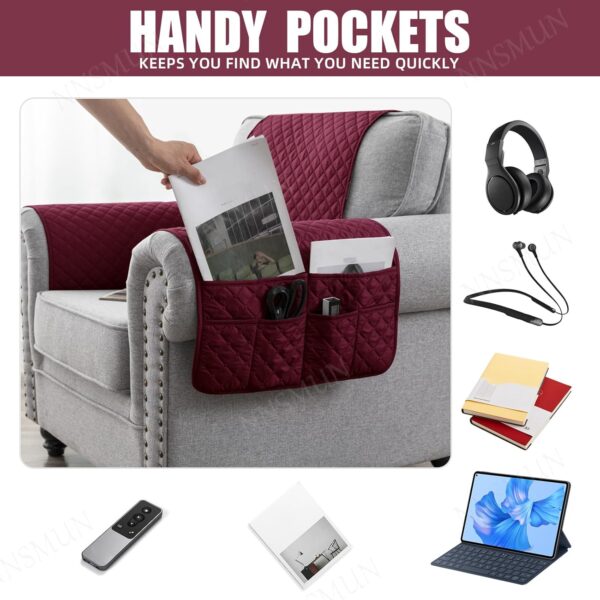 NNSMUN Sofa Armrest Cover 3/4/5Pcs, Waterproof and Nonslip Armchair Covers for Arms Headrest, Sofa Slipcover with Side Pocket, Quilted Protector for Pets Leather Couch (Wine Red,1 Seater(3pcs)) - Image 3