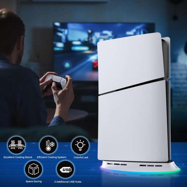 LYtech PS5 Pro/Slim Stand with Cooling Fan and RGB LED Light for Playstation 5 Disc/Digital Console, PS5 Slim Cooling Station Playstation 5 Pro Fan Cooler System Vertical Stand with 2 USB Ports - Image 8