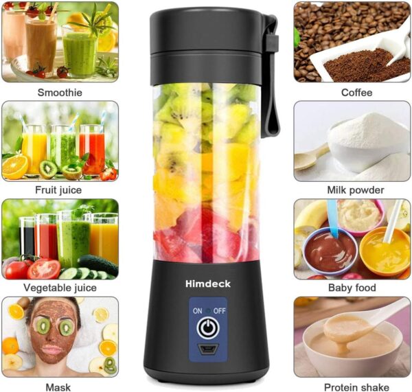 Personal Blender, Portable Blender for Smoothies and Shakes Handheld Electric Fruit Mixer Machine Six Blades 380mL USB Rechargeable Ice Mini Juicer Cup Home/Office/School/Outdoors (Black) - Image 6