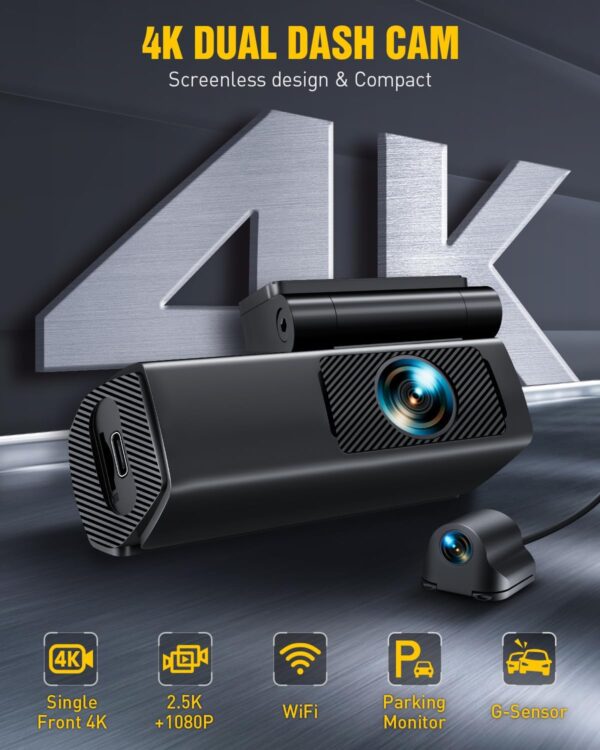 EUKI 4K Dash Cam Front and Rear with WiFi, Dual Dashcam, Car Camera with Parking Monitor, Night Vision, WDR, G-Sensor, Loop Recording, App Control,24 hour Parking Mode, 64GB SD Card Included - Image 3