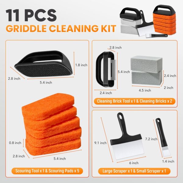 Griddle Cleaning Kit for Blackstone, Flat Top Grill Cleaning Kit with Griddle Scraper, Grill Brick, Scouring Pads & Ergonomic Handles –Griddle Accessories for Deep Clean Grease, Burnt Residue (11 PCS) - Image 3