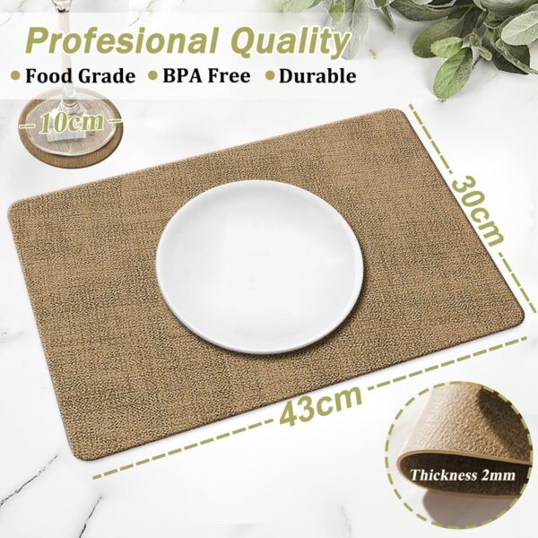 YUNJUER Leather Placemats and Coasters Set, Heat-Resistant 212 °F, Non-Slip and Waterproof, Easy to Clean, PU Tablemats for Home, Kitchen, Restaurant, Outdoor Dining Table, 8 Pieces, 43x30cm, (Beige) - Image 3