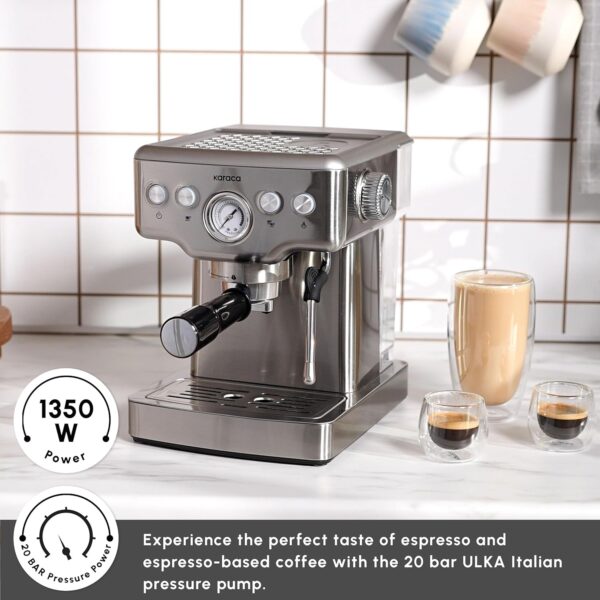 KARACA Coffee Art 20 Bar Espresso Coffee Makers with Grinder - 1.8 L Water Tank with Steam Milk Frother - Stainless Steel - Ideal for Making Latte, Cold Brew or Iced - Inox - Image 7