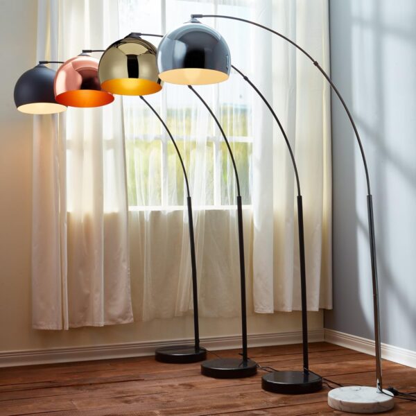 Teamson Home Standing Floor Lamp for Living Room, Arquer 170cm Tall Lamp, Bedroom Lighting, Living Room Accessories with Faux Black Marble Base and Black Bell Shade - Image 3