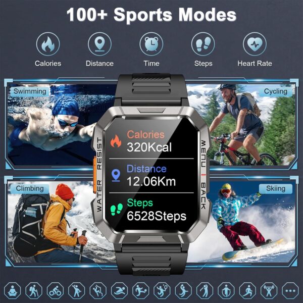 Smartwatch Men Military, 100 Days Battery Life/LED Flashlight/Compass/2 Wristbands/IP68 Waterproof, 100+ Sports Modes Sports Watch, Make/Receive Calls Smartwatch Outdoor Fitness Watch for Android iOS - Image 5