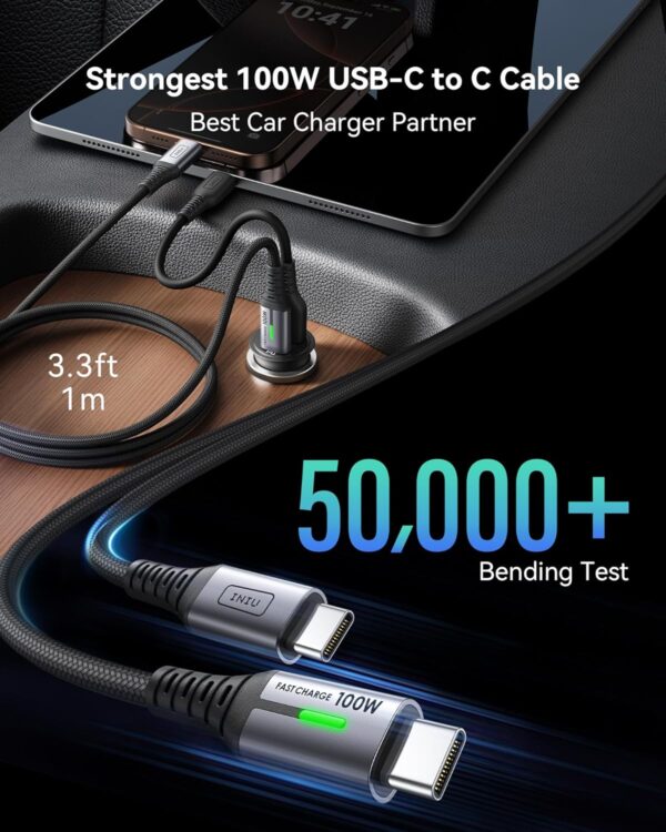 INIU Car Charger, Cigarette Lighter USB Charger Total 60W [C 30W+A 30W], 12V USB Socket, [1m] 100W PD3.0 Type C Cable Fast Charge, Car Phone Charge Adapter for iPhone 16 Pro Max iPad Samsung Laptops - Image 5