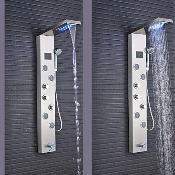 Stainless Steel Shower Panel Tower System,LED Rainfall Waterfall Shower Head 6-Function Faucet Rain Massage System with Body Jets - Image 2